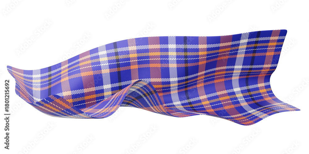 Fototapeta premium Blue, Orange, and White Plaid Tartan Fabric on Transparent Background. Plaid Fabric Floating in Air. Blue, Orange, and White Checkered.