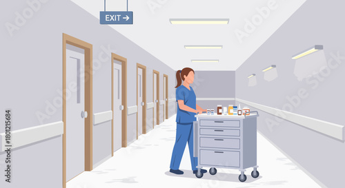 Hospital Corridor Service: A Healthcare Professional Delivering Medical Supplies And Equipment