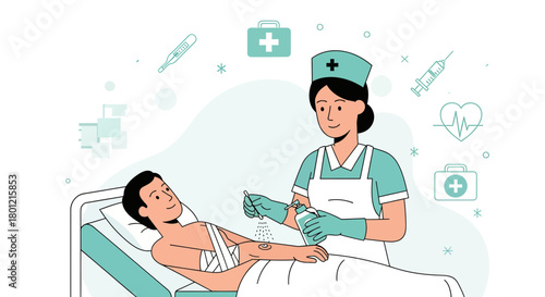 Hospital Nurse Cares For Patient In Bed, Medical Theme, Healthcare Treatment Concept