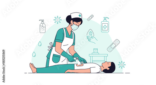 Medical Professional Administering Treatment and Caring For Patient Illustration