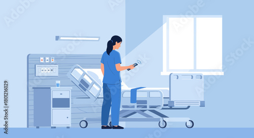 Hospital Nurse Operating Device In A Digital Room, Healthcare Technology Illustration