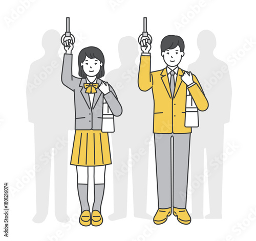 つり革につかまる制服姿の女子学生と男子学生のイラスト素材