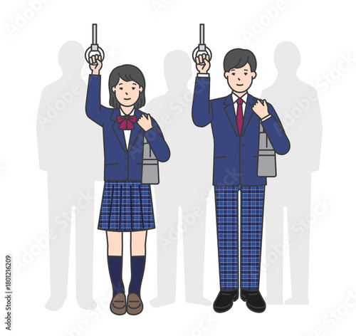 つり革につかまる制服姿の女子学生と男子学生のイラスト素材