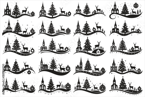 This Christmas silhouette card features a charming festive scene with a reindeer, hanging baubles, and gift boxes arranged beneath a Christmas display