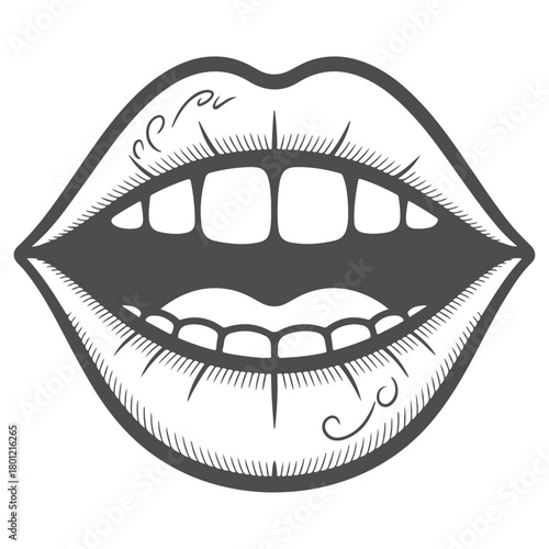 a black and white illustration of a mouth with teeth
