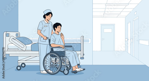 Hospital Scene Depicting Patient Care and Medical Assistance in a Healthcare Environment