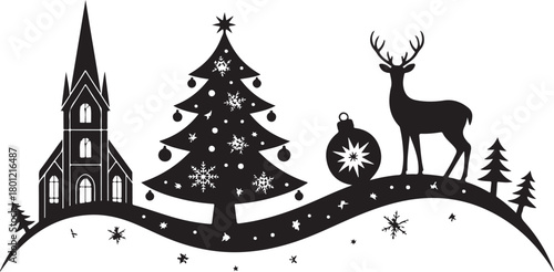 This Christmas silhouette card features a charming festive scene with a reindeer, hanging baubles, and gift boxes arranged beneath a Christmas display