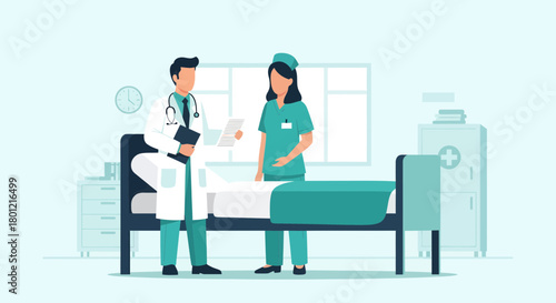 Hospital Team Collaboration: Doctor and Nurse Discussing Patient Care, Healthcare Scene