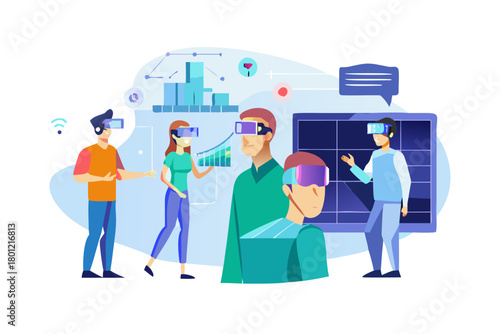 AI in business set. Characters using artificial intelligence generative tools to create social media post, presentation, content ideas. AI-powered marketing automation concept. Vector ... See More
