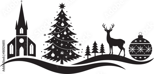 This Christmas silhouette card features a charming festive scene with a reindeer, hanging baubles, and gift boxes arranged beneath a Christmas display