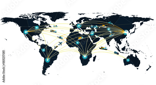A sophisticated global logistics network illustrates interconnected trade routes and efficient supply chain management across continents, highlighting modern international commerce.