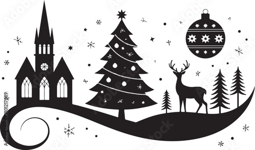 This Christmas silhouette card features a charming festive scene with a reindeer, hanging baubles, and gift boxes arranged beneath a Christmas display