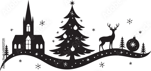 This Christmas silhouette card features a charming festive scene with a reindeer, hanging baubles, and gift boxes arranged beneath a Christmas display