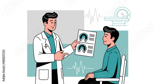 Medical Professional Explaining Patient's Scan Results, Diagnostic Healthcare Illustration