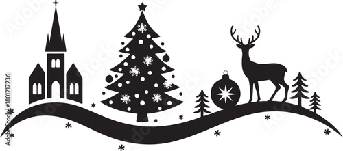 This Christmas silhouette card features a charming festive scene with a reindeer, hanging baubles, and gift boxes arranged beneath a Christmas display