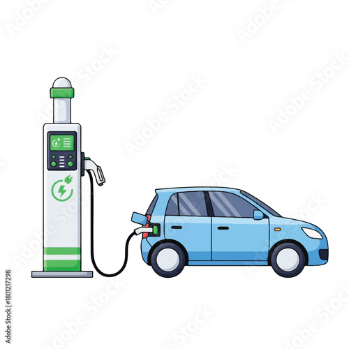 Electric car being charged at a modern charging station in an illustration.