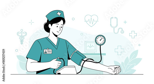 Medical Professional Measuring Blood Pressure in Clinic Illustration or Conceptual Design