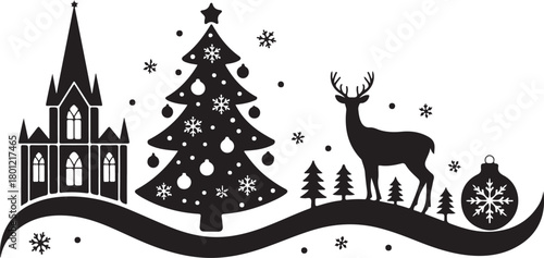 This Christmas silhouette card features a charming festive scene with a reindeer, hanging baubles, and gift boxes arranged beneath a Christmas display