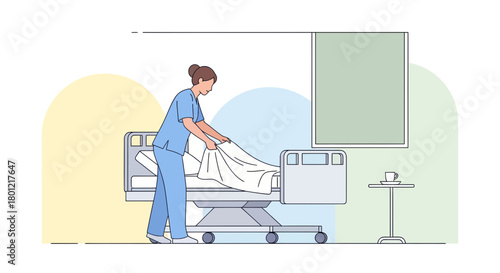 Medical Professional Preparing a Hospital Bed in a Clean and Minimalist Healthcare Setting