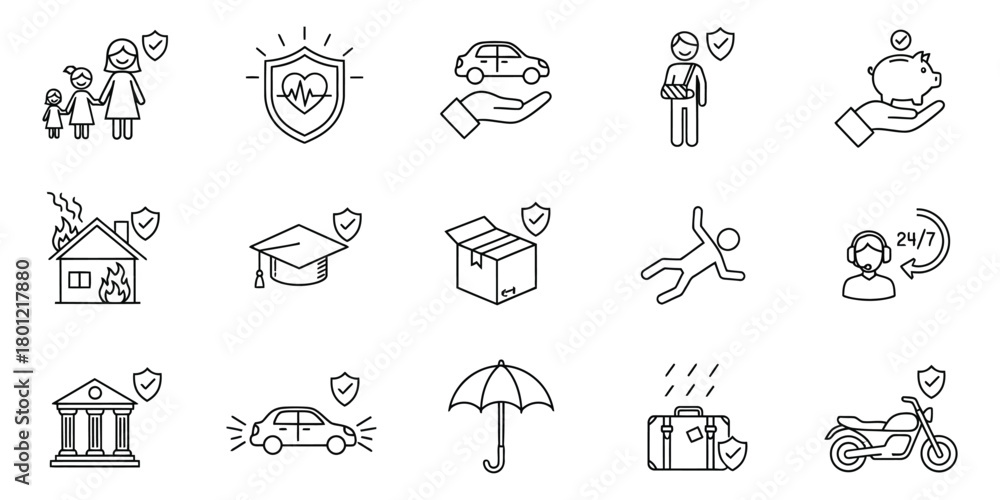 Fototapeta premium Collection of hand drawn insurance and protection icons representing various life events and assets