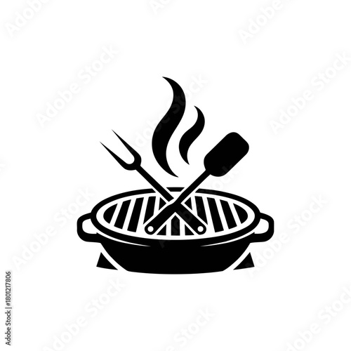 Barbecue grill icon with fork, spatula, and flames.