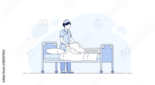 Medical Professional Preparing Bedding In A Sterile Hospital Environment To Treat Patients
