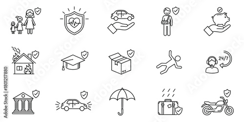 Collection of hand drawn insurance and protection icons representing various life events and assets