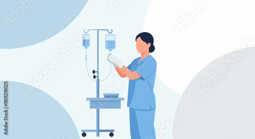 Medical Professional Preparing Intravenous Drip, Healthcare, Illustration, Minimalist Design