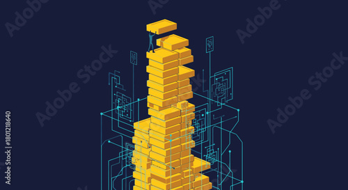 This abstract isometric illustration features a towering stack of golden blocks, symbolizing digital wealth, data accumulation, and the intricate world of finance.