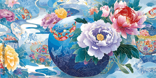 Opulente Pfingstrosen in blauer chinesischer Vase mit stilisiertem Wellenmuster und floralen Akzenten