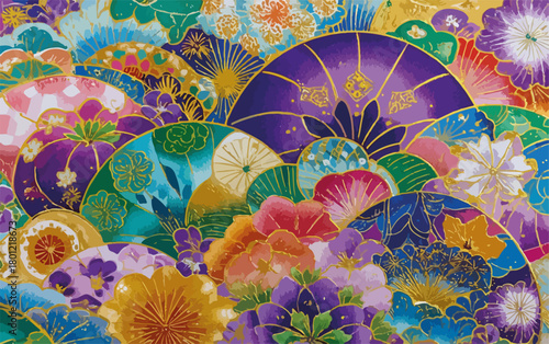 Farbenfrohes japanisches Fächer-Muster mit detaillierten Blumenmotiven in leuchtenden Tönen