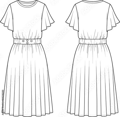 Technical flat sketch of dress, flutter sleeves, round neckline, gathered skirt, fashion design template, garment construction, flat vector illustration