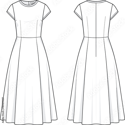 Technical flat sketch of dress, short sleeves, round neckline, A-line midi skirt, fashion design template, flat vector illustration