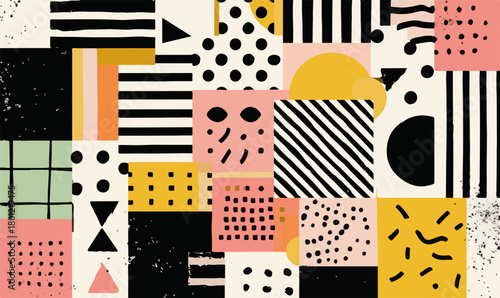 Abstrakte, bunte Collage aus geometrischen Formen, Mustern und Texturen im modernen Stil