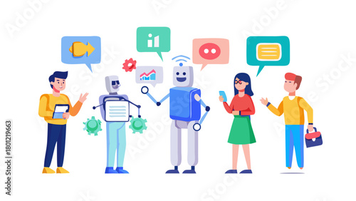 AI in business set. Characters using artificial intelligence generative tools to create social media post, presentation, content ideas. AI-powered marketing automation concept. Vector illustration.
