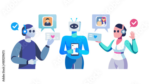 AI in business set. Characters using artificial intelligence generative tools to create social media post, presentation, content ideas. AI-powered marketing automation concept. Vector illustration.