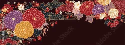 Traditionelles japanisches Blumenmuster mit Chrysanthemen als dekorativer Rahmen auf dunklem Grund.