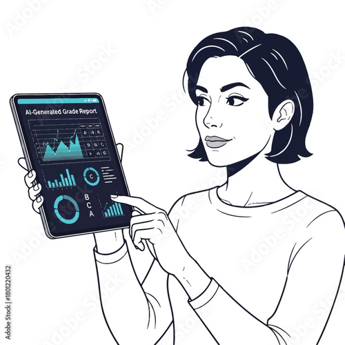 A person reviews data analytics on a tablet displaying charts and graphs in a modern workspace.