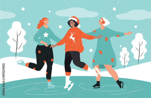Vector illustration in a flat style. Three happy girls ice skating in winter.