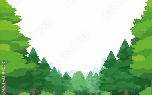 Grüner Waldrahmen mit Tannenbäumen und Laubwerk als Kopierraum für Naturillustrationen.