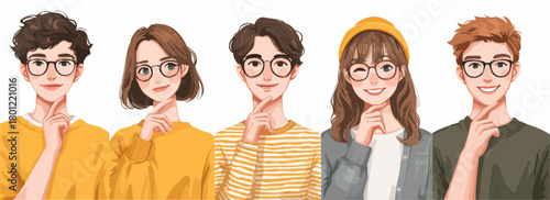 Fünf junge, nachdenkliche Menschen mit Brillen in modernem Vektor-Illustrationsstil auf weißem Hintergrund.
