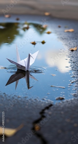 A delicate paper origami crane floating on a reflective puddle surrounded by fallen leaves on a rainy day in a natural outdoor setting