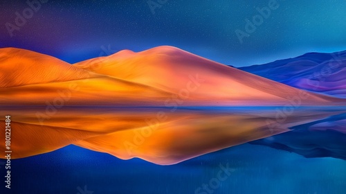 Sunrise colors reflect on tranquil water beside vibrant sand dunes in a desert landscape