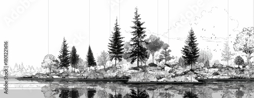 Schwarz-Weiß Vektorzeichnung einer bewaldeten Insel mit Nadelbäumen am ruhigen Wasserufer