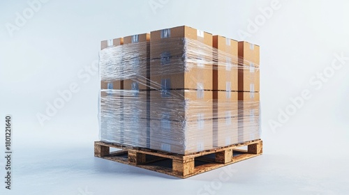 Stacked cardboard boxes wrapped with plastic film sit on a wooden pallet against a white background