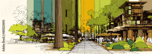 Architektonische Skizze eines modernen Gebäudes umgeben von üppigem Grün und vertikalen Farbstreifen.