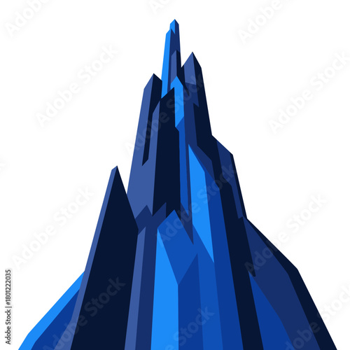 A striking abstract blue polygonal structure, resembling a futuristic mountain or crystal formation, dramatically ascends against a pristine white background.