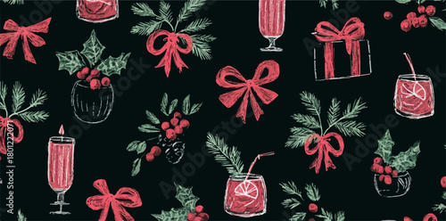 Nahtloses Vektor-Muster mit roten Schleifen, Stechpalmenzweigen und festlichen Getränken auf schwarzem Grund.