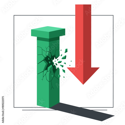 A green structural pillar crumbles and breaks apart under pressure, symbolizing collapse, decline, or a significant negative impact on stability and performance.