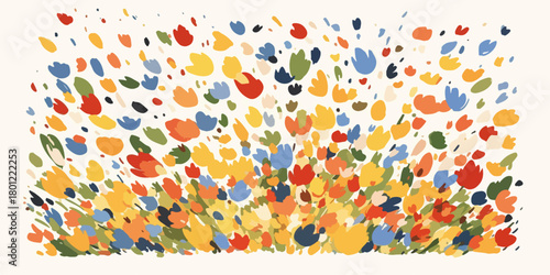 Abstrakte Vektorillustration eines bunten, explodierenden Blumenfeldes mit Tupfen und Farbspritzern.